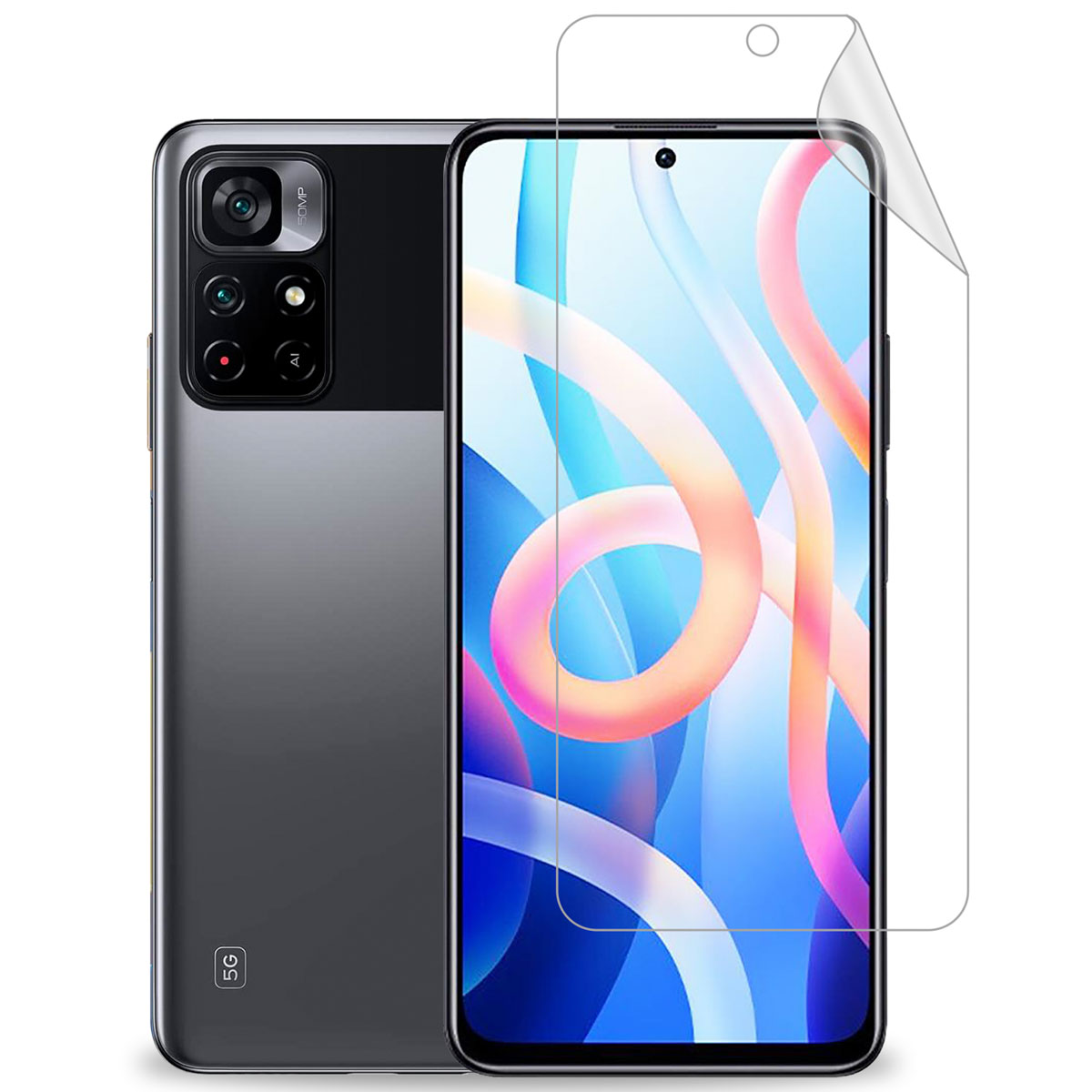 Een smartphone met een schermbeschermer. De telefoon is grijs, heeft drie camera's en een 5G-logo.