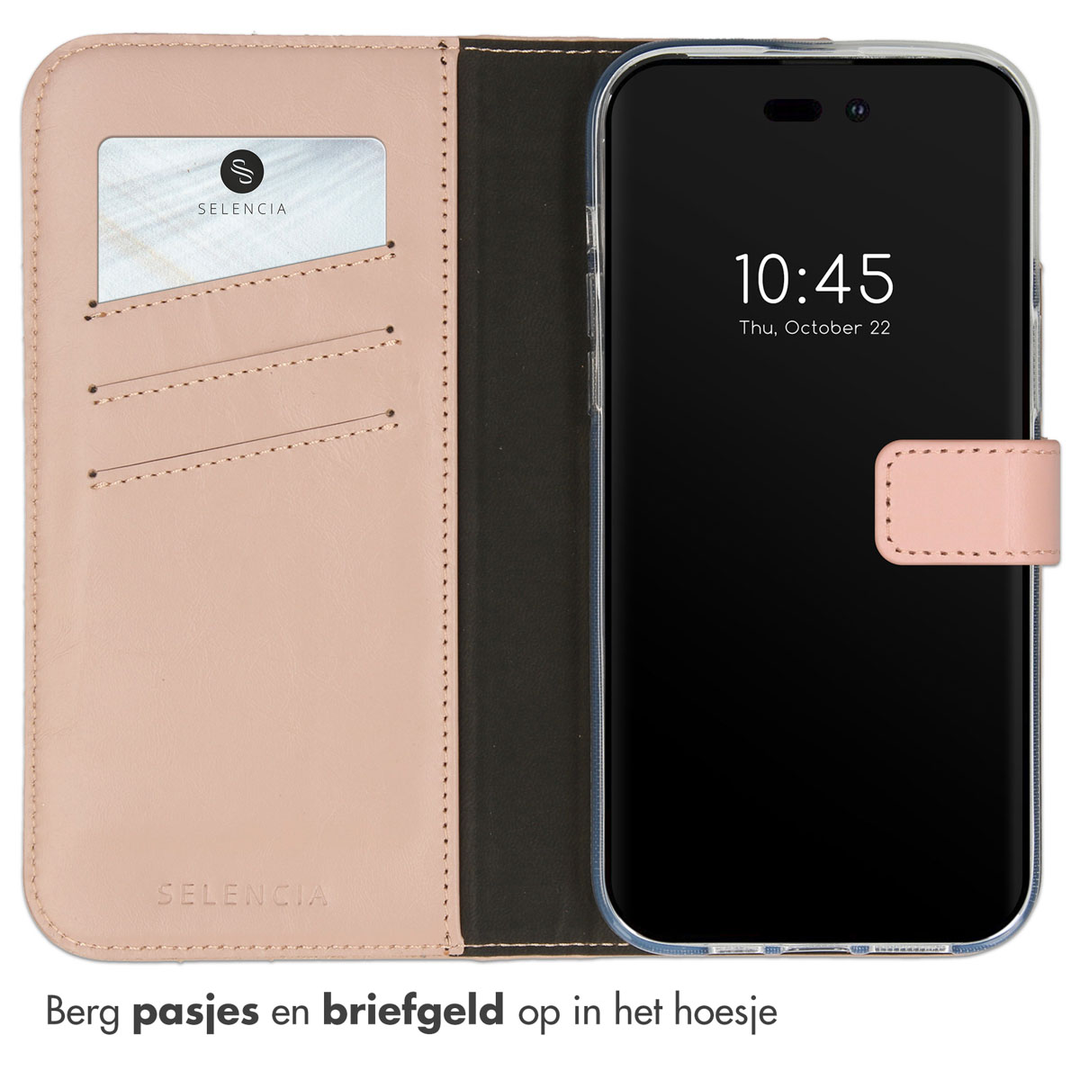 Roze leren telefoonhoes met kaart en telefoon. Telefoon toont tijd en datum. Heeft zakken.