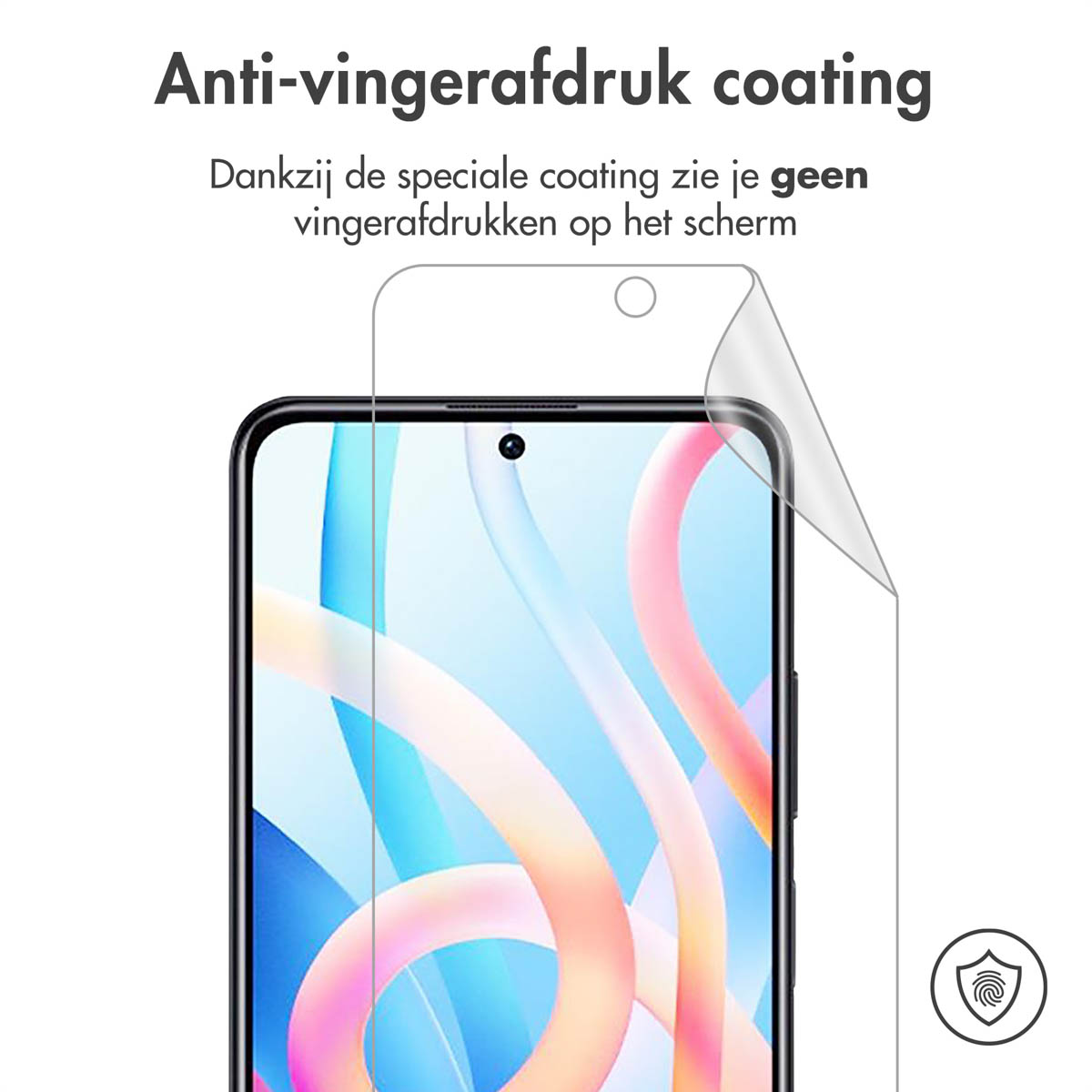 Telefoon met schermbeschermer die wordt afgepeld. Tekst 'Anti-vingerafdruk coating'.