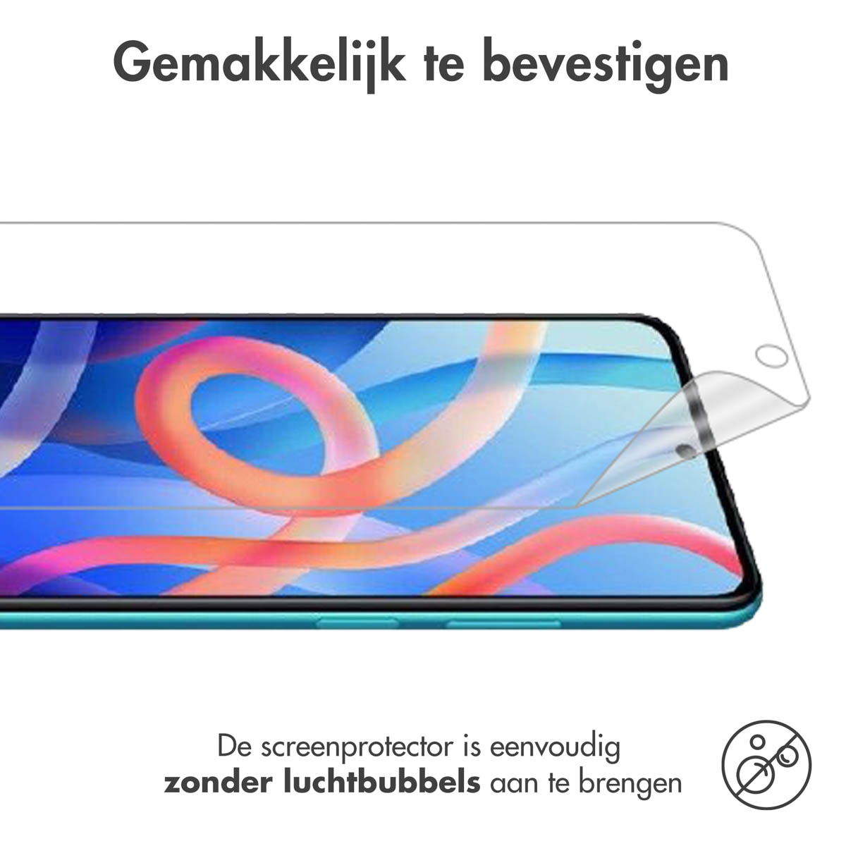 Telefoonscherm met protector wordt aangebracht. Tekst: Gemakkelijk te installeren. Geen luchtbellen.