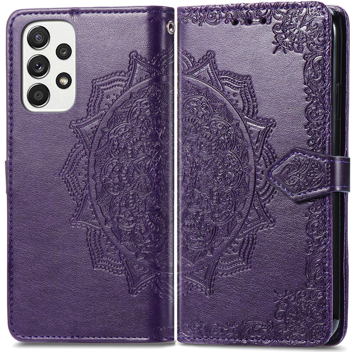 Paarse telefoonhoes met mandala-ontwerp. Hoes is open, toont de telefoon rechts.