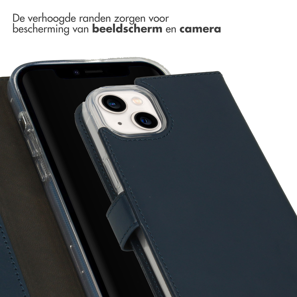 Étui de téléphone avec un téléphone à l'intérieur. Le téléphone est bleu. Texte indique protection.