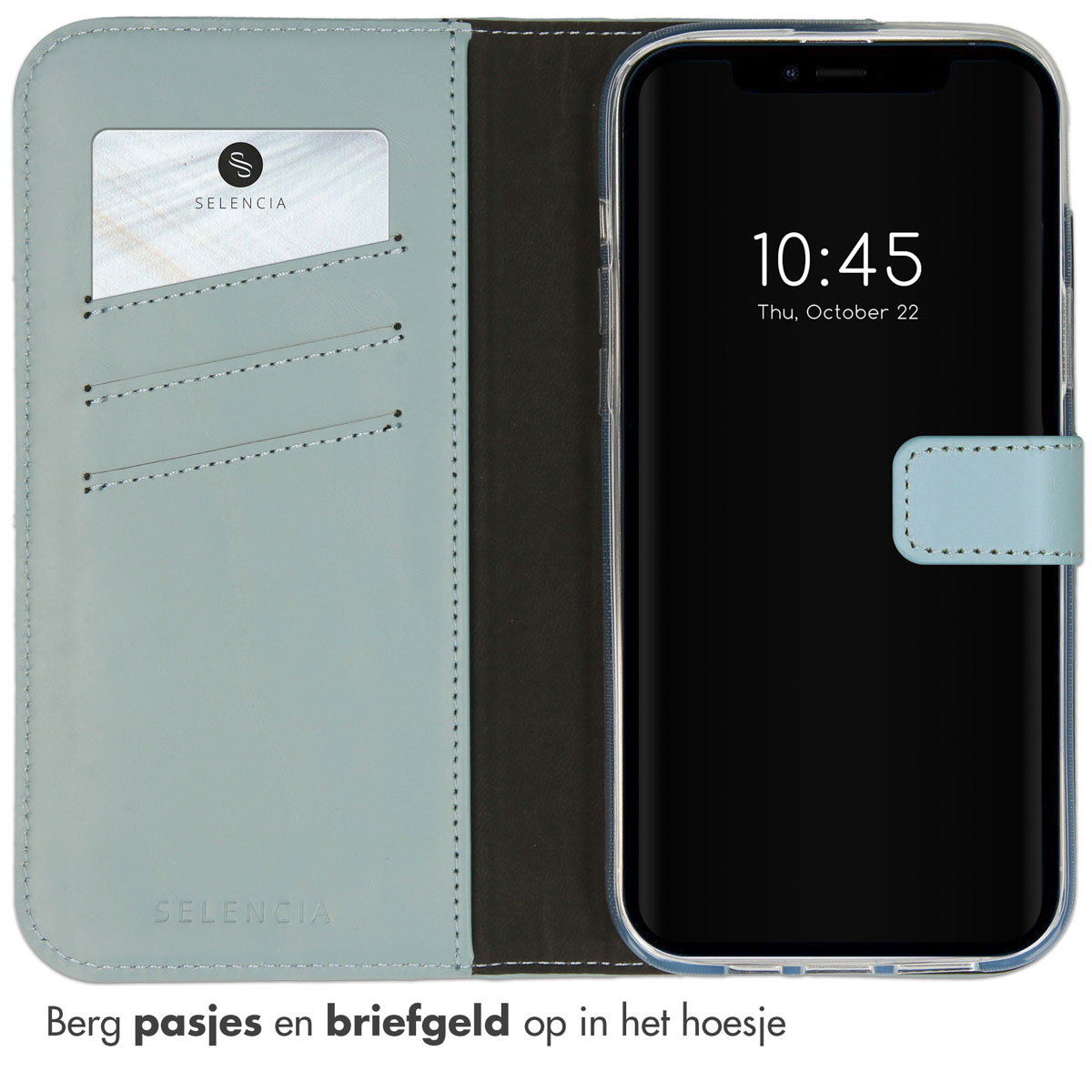 Open telefoonhoes met kaart en telefoon. Lichtblauwe kleur. Tekst in het Nederlands.