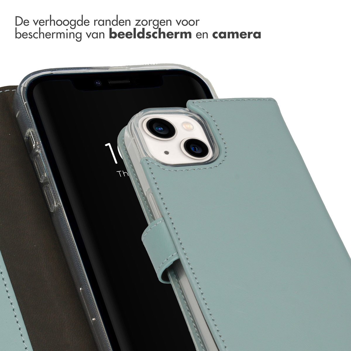 Blauwe telefoonhoes met een telefoon erin. De hoes bedekt de zijkanten van de telefoon.