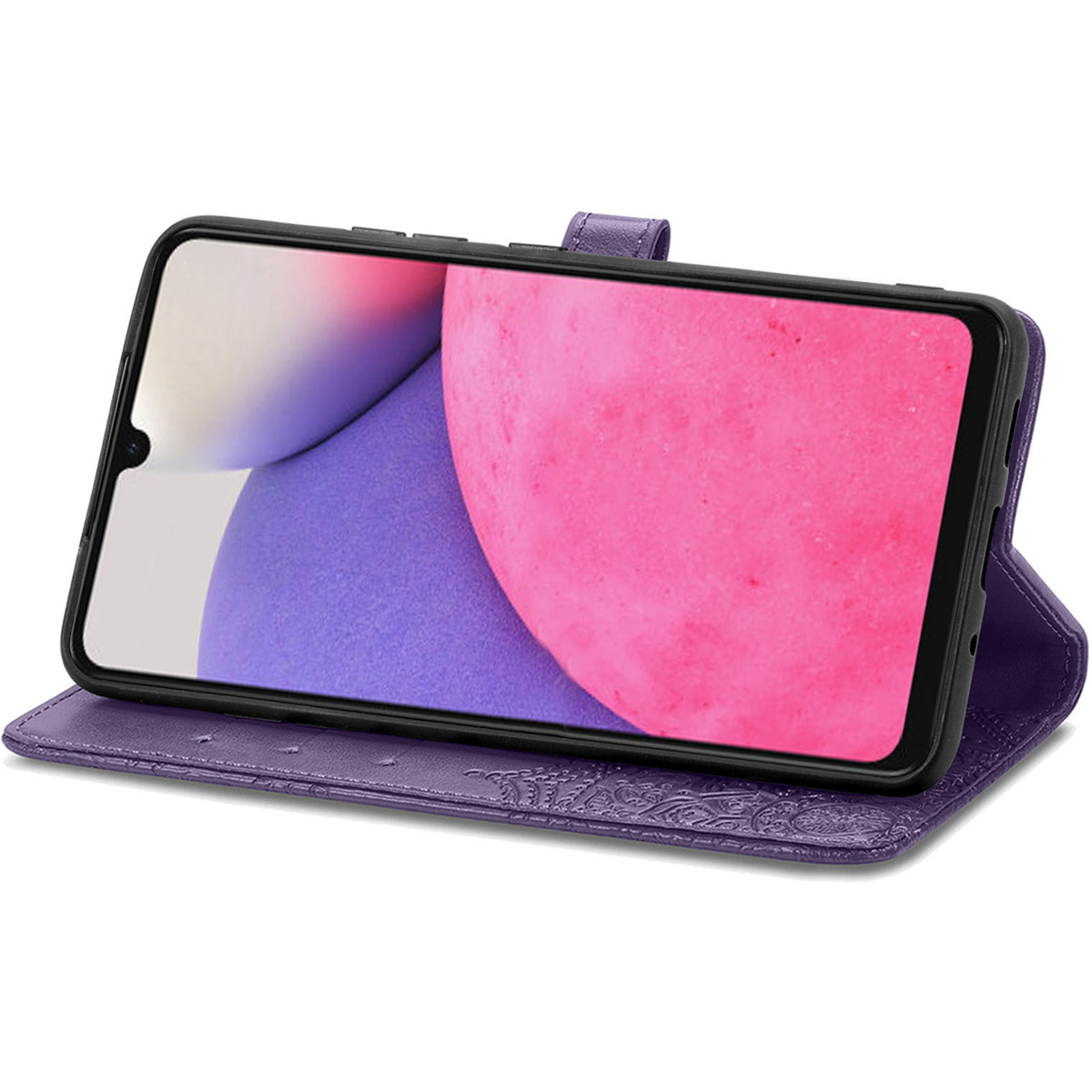 Een paarse telefoonhoes wordt getoond in een standpositie, met het scherm van de telefoon zichtbaar.