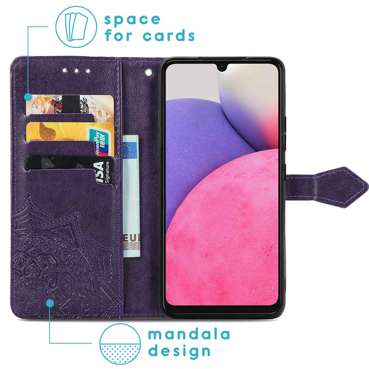 Paarse telefoonhoes met kaarten en telefoon zichtbaar. Mandala ontwerp en ruimte voor kaarten getoond.