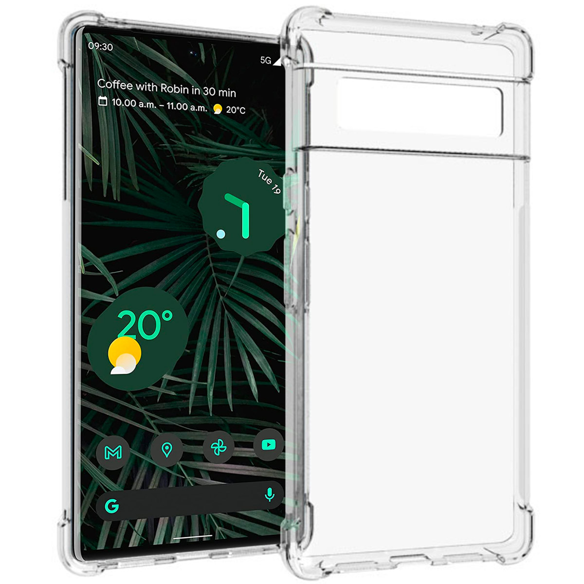 Coque de téléphone transparente sur un téléphone affichant une application météo et des feuilles vertes.