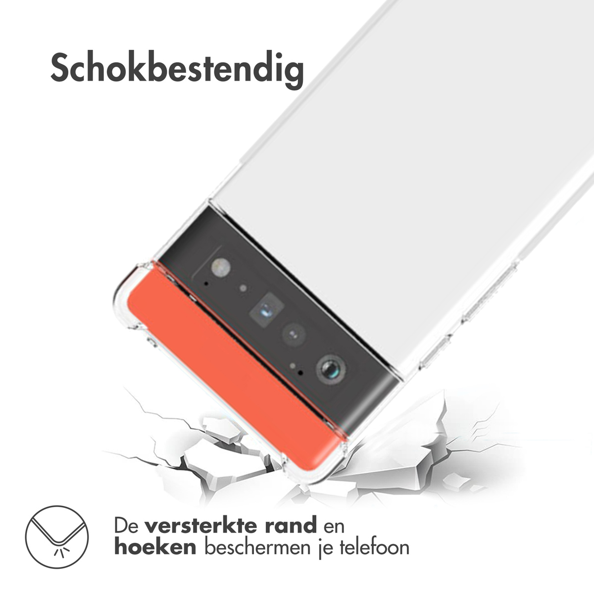 Téléphone dans une coque transparente, tombant et fissurant une surface. Texte : Antichoc.