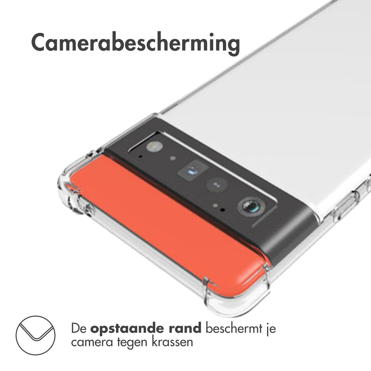 Coque de téléphone transparente avec zone de caméra orange. Le bord surélevé protège la caméra des rayures.