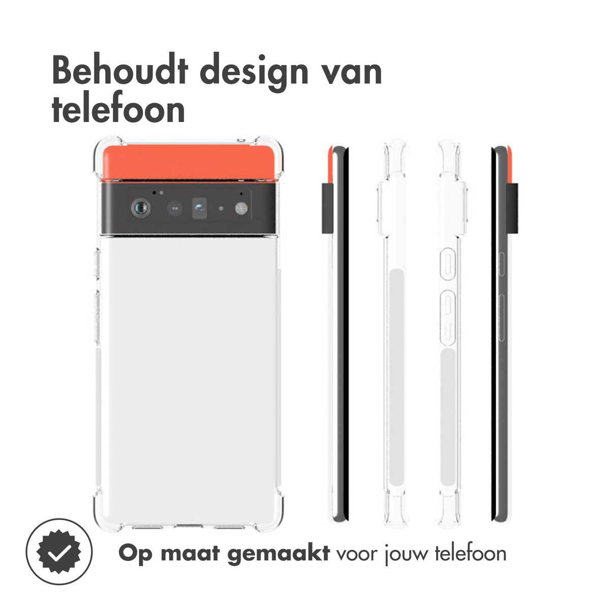 Coque de téléphone avec dos transparent et dessus orange. Montre plusieurs angles.