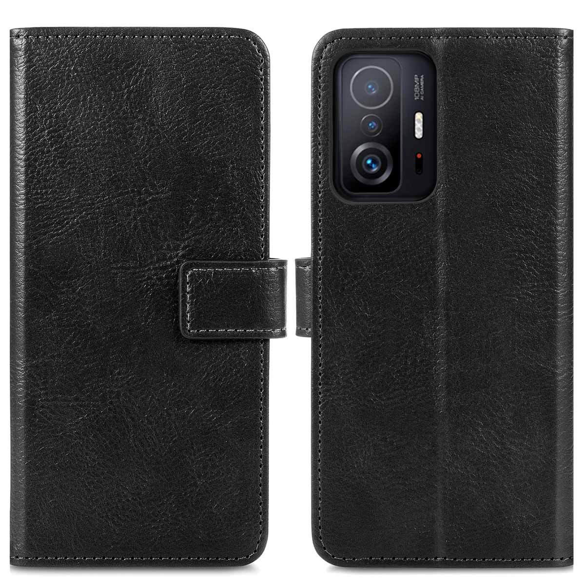 Étui de téléphone en cuir noir, ouvert, avec un téléphone à l'intérieur. Comporte un fermoir.