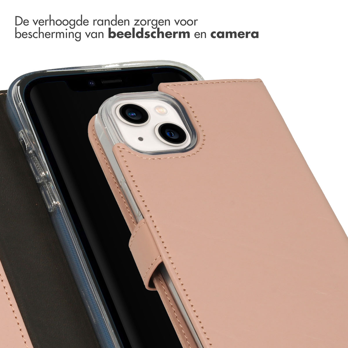 Telefoonhoesje met een telefoon erin. De telefoon is roze. Tekst bovenaan geeft bescherming aan.