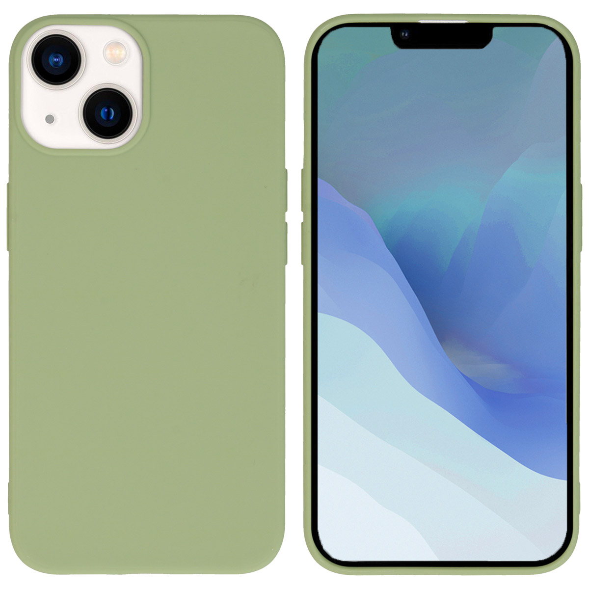 Twee telefoons worden getoond, een in een groene hoes, de andere zonder. Beide zijn groen.