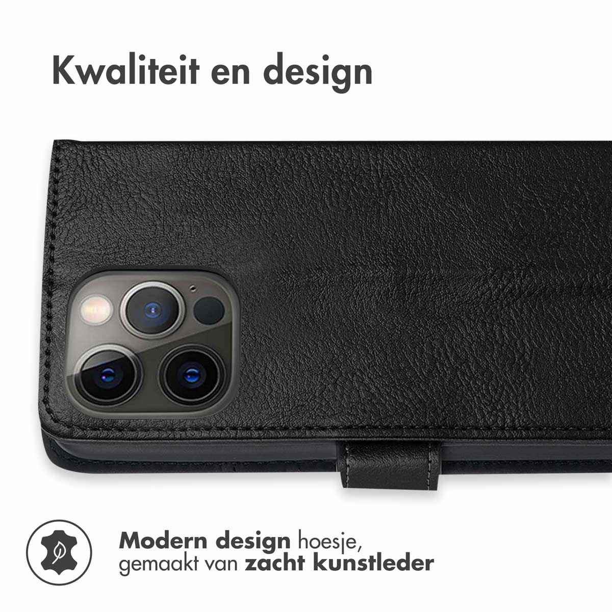 A close-up of a black leather phone case, showing the camera section. The case is made of soft leather.