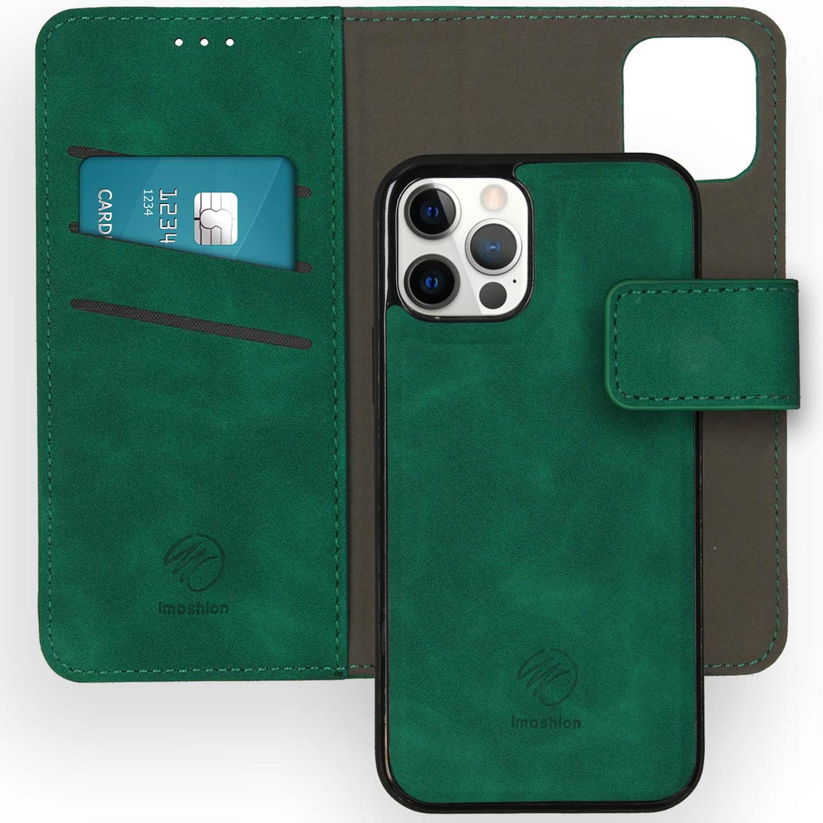 Étui de téléphone vert ouvert avec téléphone à l'intérieur. Il a une fente pour carte et un fermoir magnétique.