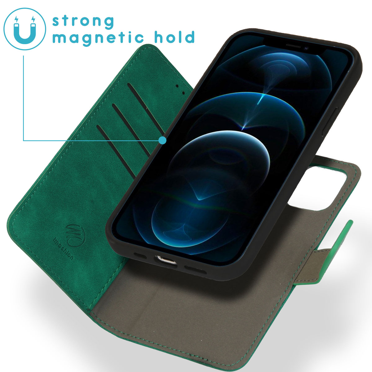 Une coque de téléphone verte avec un téléphone à l'intérieur. Montre une fermeture magnétique. La coque est ouverte.