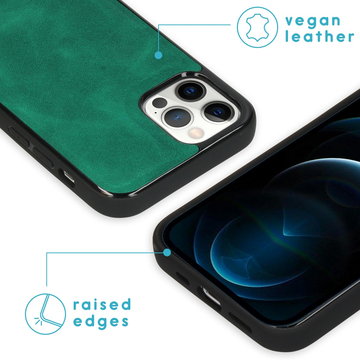 Coque de téléphone en cuir végétal vert. Texte : Bords surélevés.