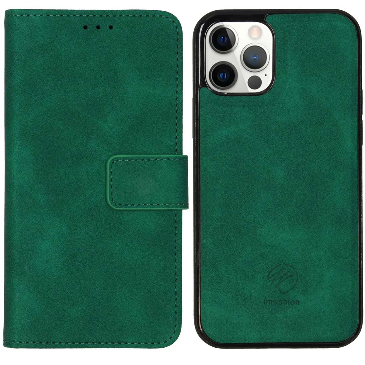 Étui de téléphone en cuir vert, ouvert et fermé, téléphone noir à l'intérieur.
