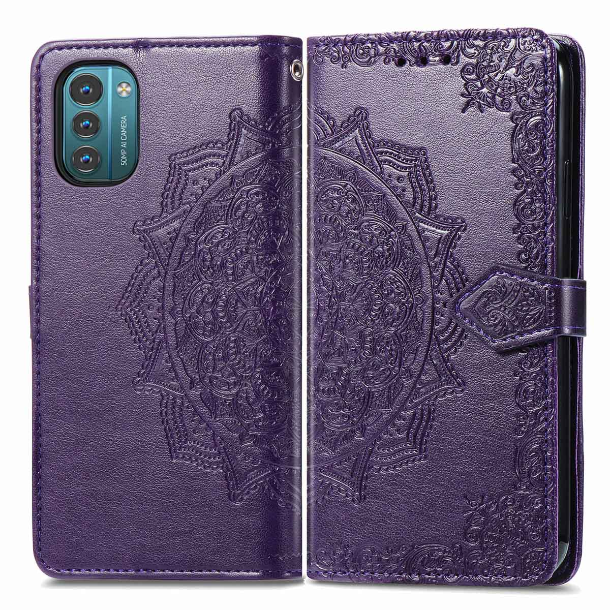 Coque de téléphone violette avec un motif mandala, ouverte, montrant le téléphone.