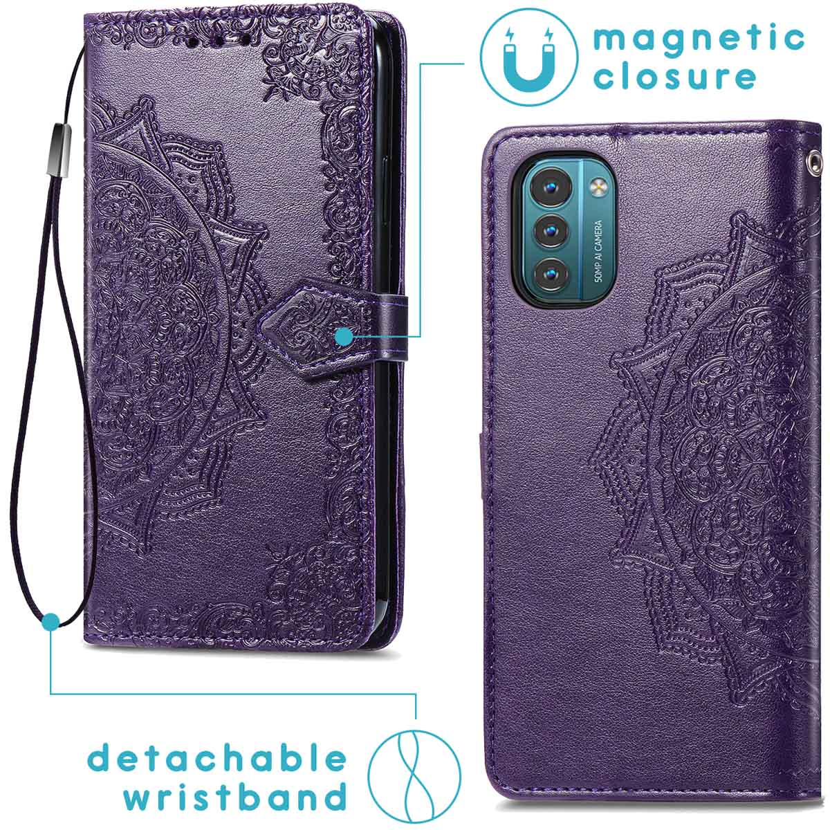 Coque de téléphone violette avec un téléphone à l'intérieur. Design détaillé et dragonne.