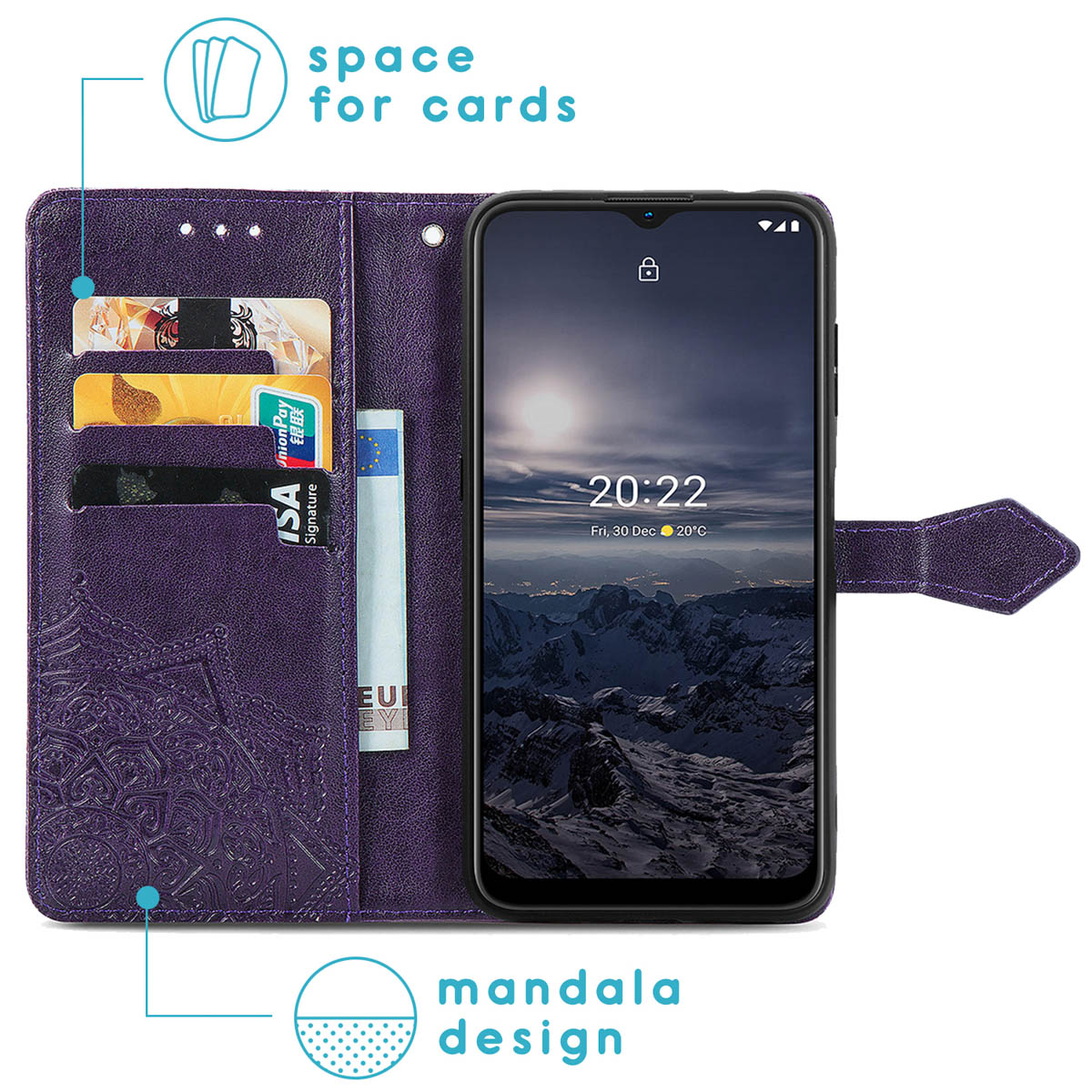 Étui de téléphone violet avec fentes pour cartes et téléphone affichant l'heure.