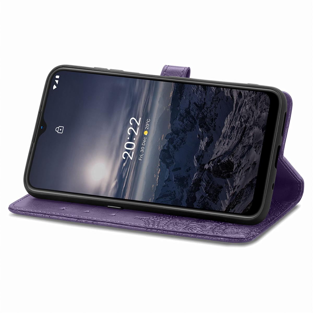 Étui de téléphone violet, ouvert, avec téléphone. Le téléphone affiche l'heure et la date.