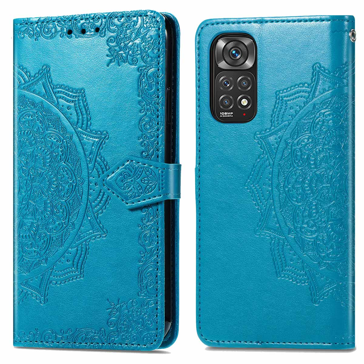 Blauwe telefoonhoes met mandala-ontwerp, met telefoonhouder en cameratoegang.