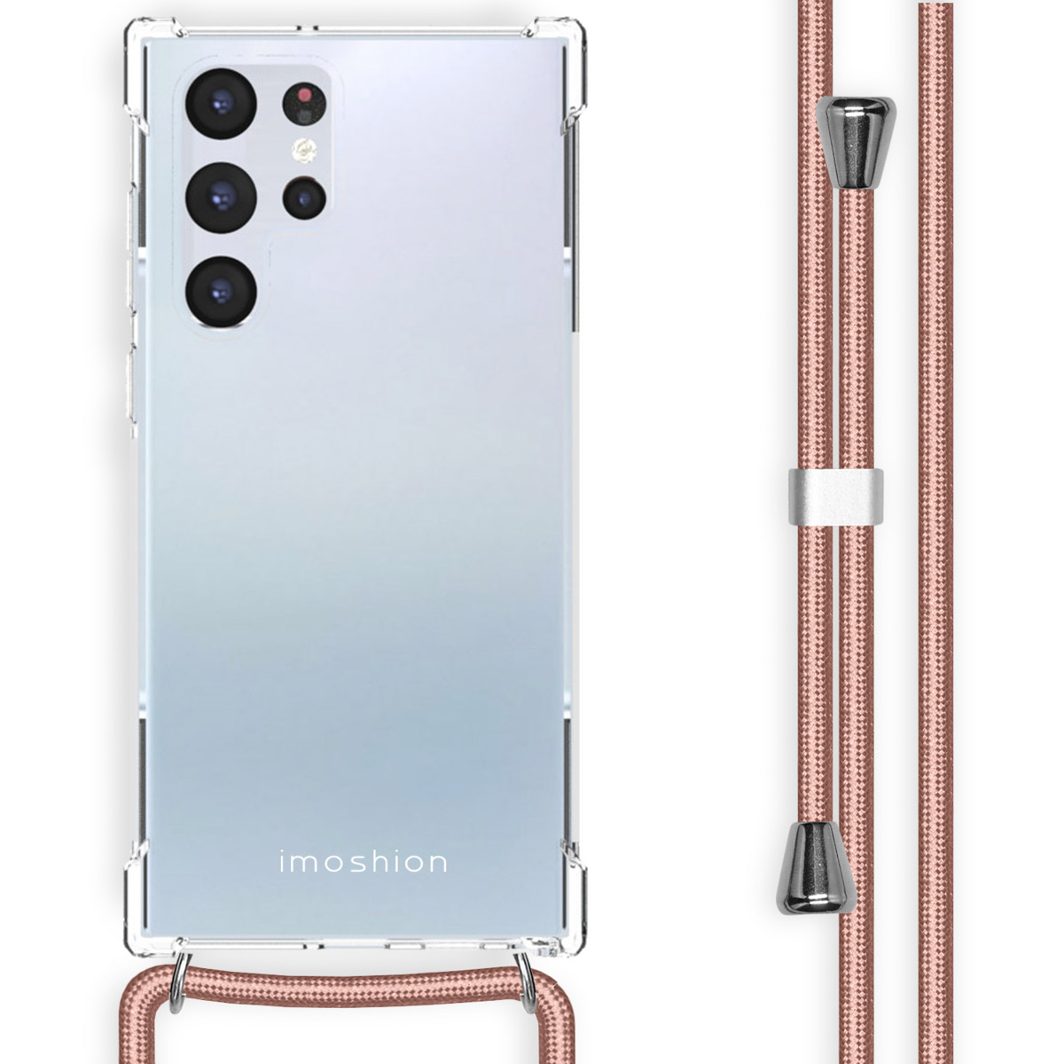 Coque de téléphone transparente avec sangle rose, fixée à un téléphone. La coque a le logo 'imoshion'.
