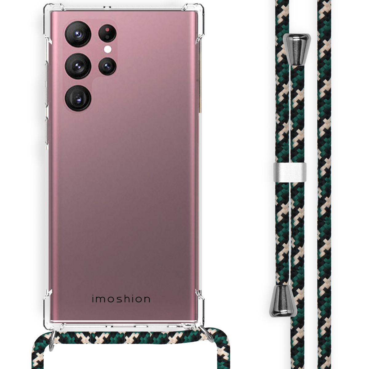 Téléphone avec coque transparente et cordon, le téléphone est rose et le cordon vert et blanc.