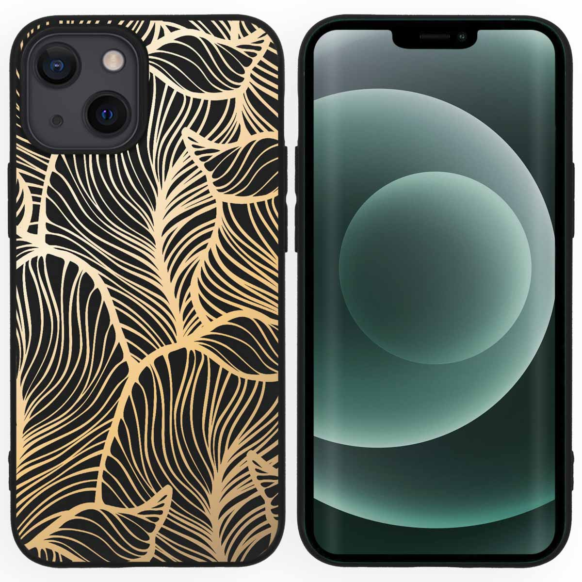 Telefoonhoes met een zwart en goud bladpatroon. De telefoon zelf is ook zichtbaar.