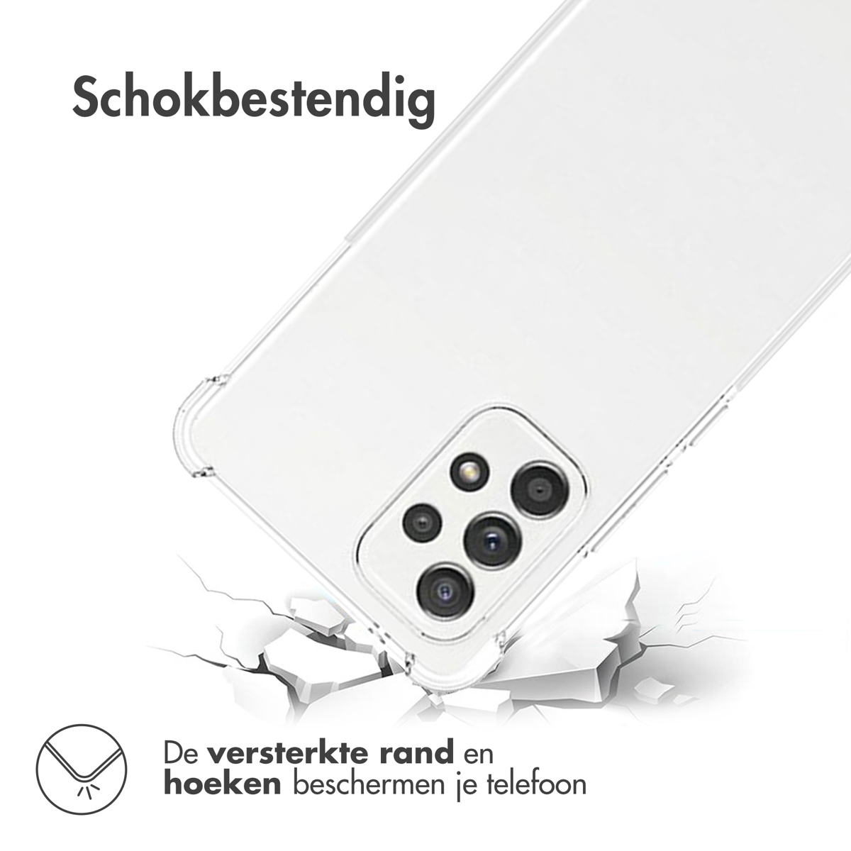 Een doorzichtige telefoonhoes laat de camera van de telefoon zien. De hoes staat schuin boven een gebarsten oppervlak, wat impactbescherming impliceert.