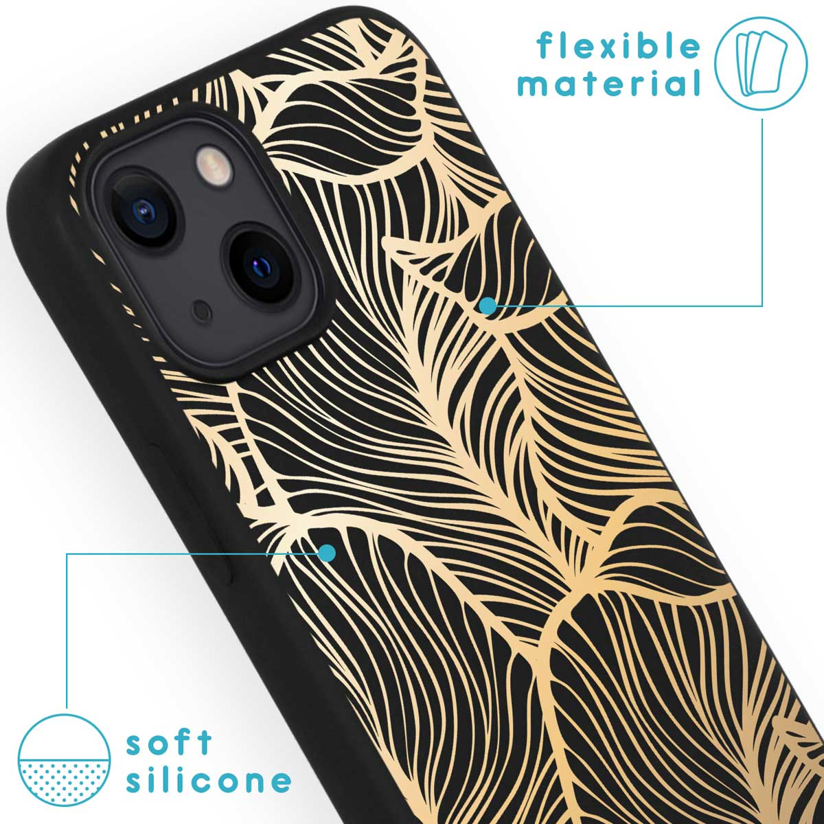 Zwarte telefoonhoes met goudbladontwerp. Tekst: Flexibel materiaal, zachte siliconen.