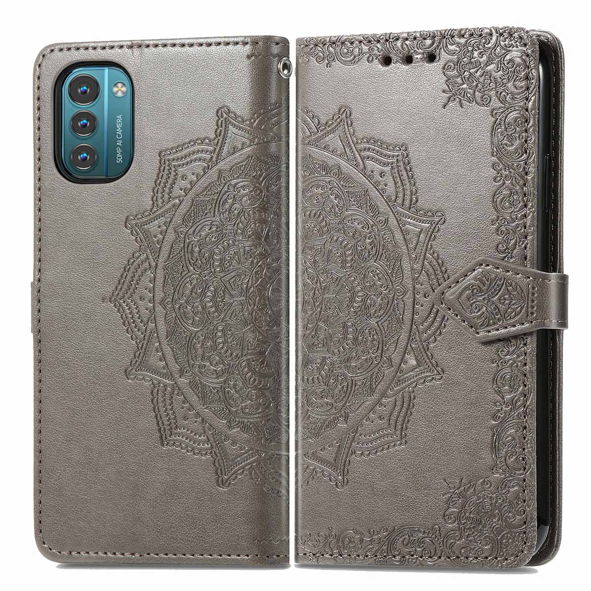 Un étui de téléphone avec un motif de mandala. L'étui est ouvert, révélant le téléphone à l'intérieur.