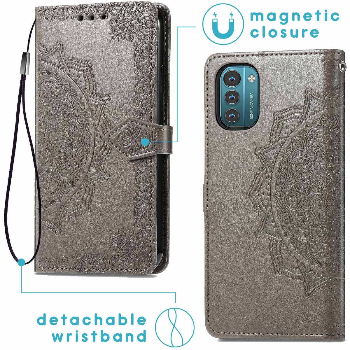 Étui de téléphone gris avec motif mandala, fermeture magnétique et dragonne amovible.