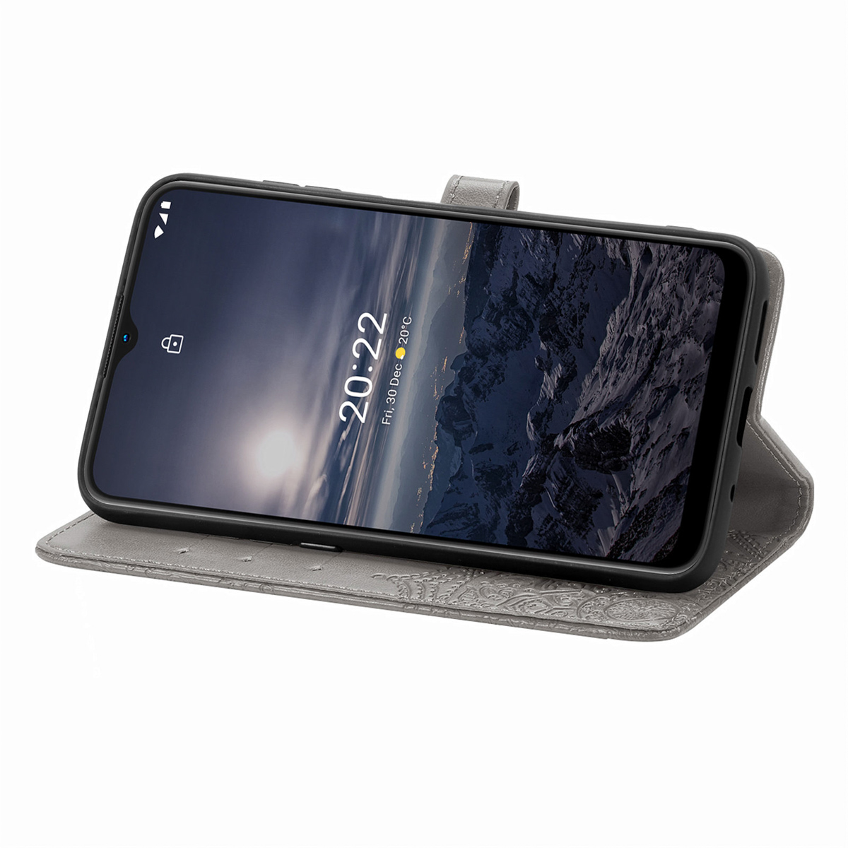 Étui de téléphone gris, ouvert, montrant un téléphone dans l'étui.