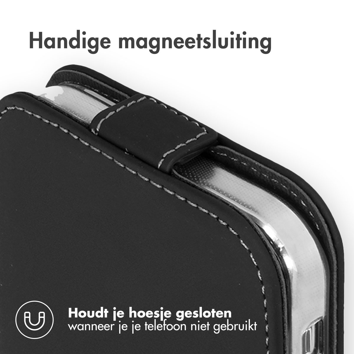 Close-up van een zwarte telefoonhoes met magnetische sluiting.