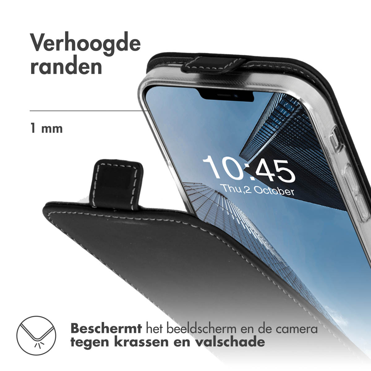 Zwarte telefoonhoes met tijd. Tekst: 'Verhoogde randen'.