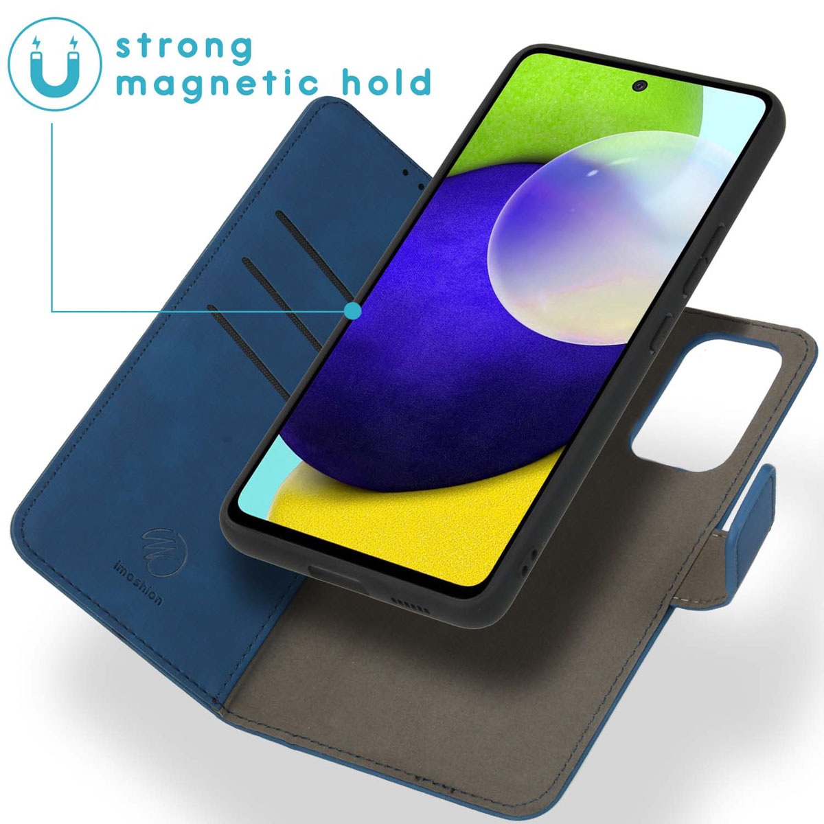 Blauwe en grijze telefoonhoes met telefoon erin, sterke magnetische grip.