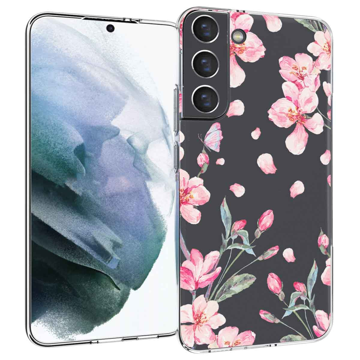 Custodia per telefono con motivo floreale rosa su sfondo grigio scuro. Un telefono è mostrato con una custodia trasparente.