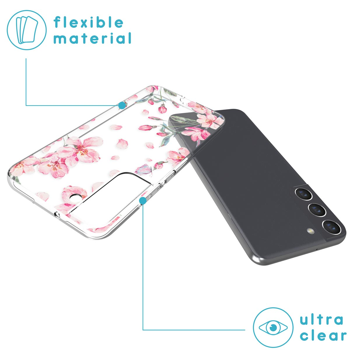 Telefono in una custodia trasparente. La custodia ha un motivo floreale. Testo: 'Ultra chiaro'.
