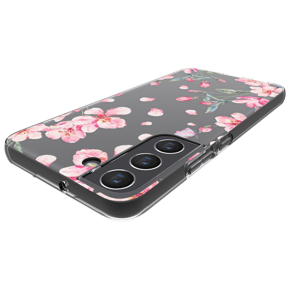 Una custodia per telefono con un design floreale. Fiori e petali rosa sparsi su sfondo grigio scuro. La custodia ha un bordo trasparente.