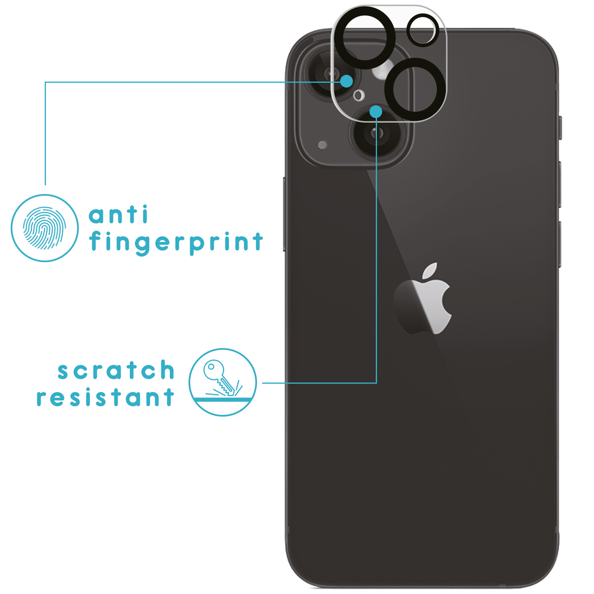 Téléphone noir avec protecteur de caméra. Caractéristiques: anti-traces et résistant aux rayures.
