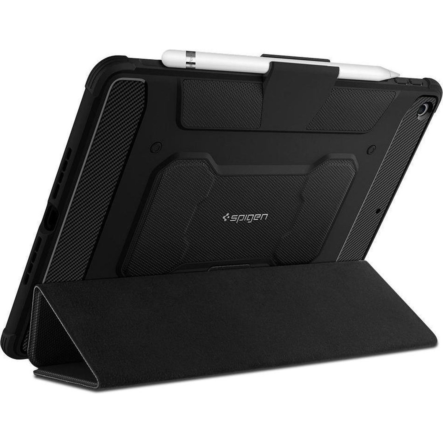 Schwarze iPad-Hülle mit Ständer, Stift und strukturierter Rückseite.