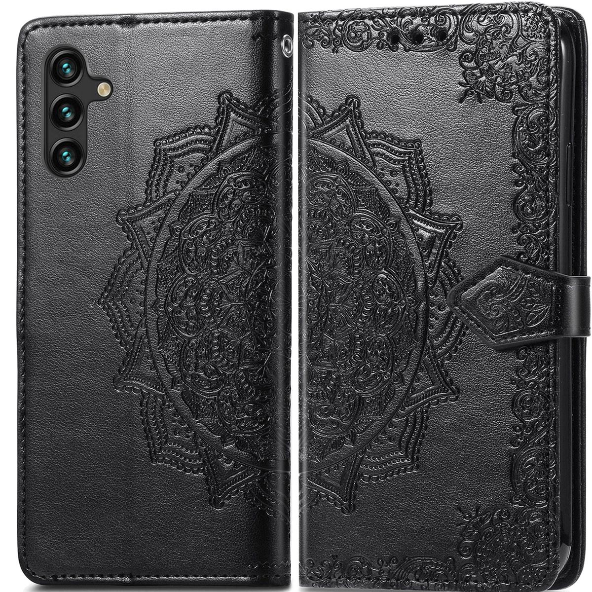 Een zwart telefoonhoesje met een mandala-ontwerp, open en gesloten met de telefoon zichtbaar.