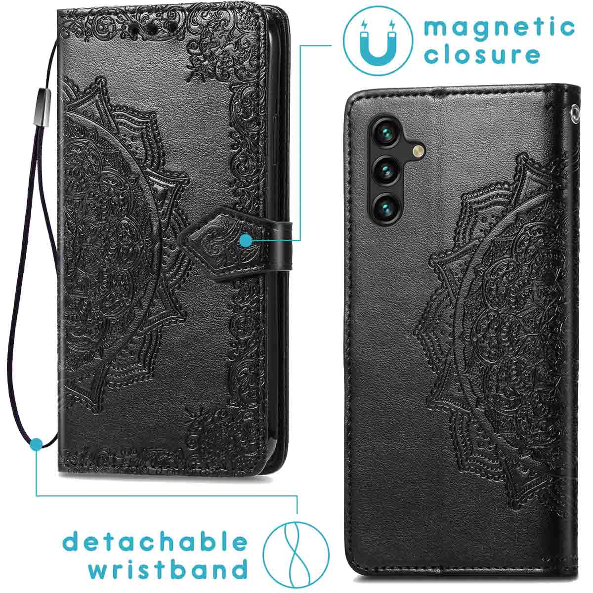 Zwarte telefoonhoes met reliëf, afneembare polsband en magnetische sluiting.