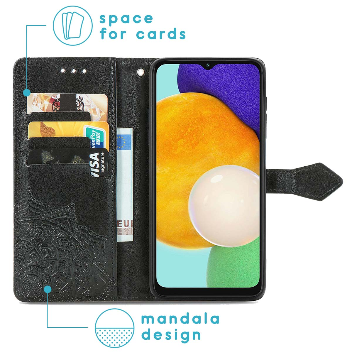 Zwarte telefoonhoes met mandala-ontwerp, ruimte voor kaarten en een telefoonscherm met een kleurrijk display.