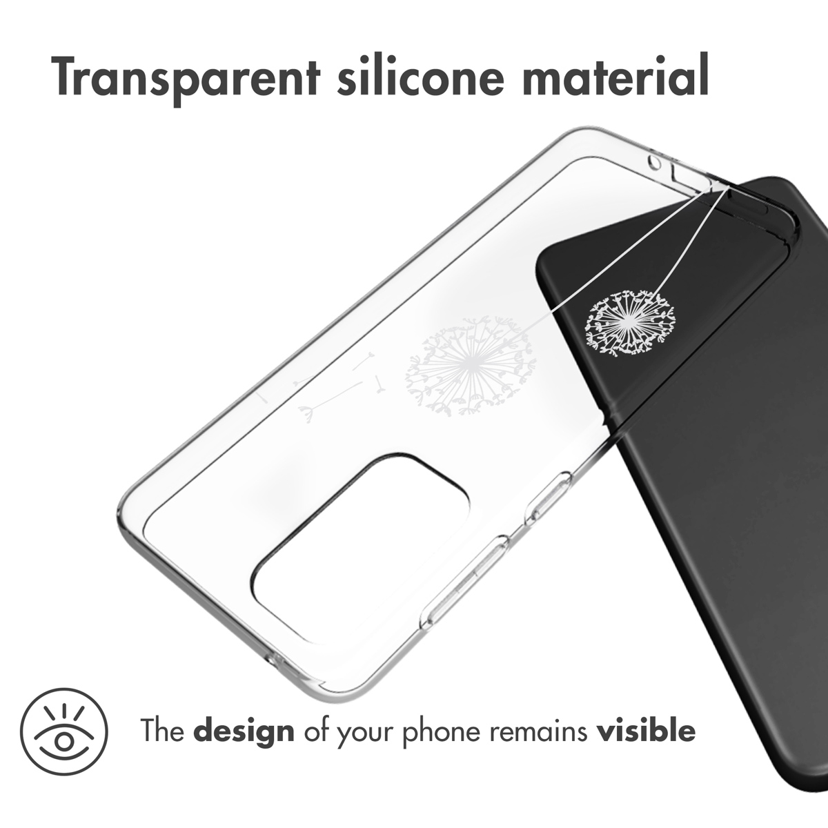 Coque transparente avec motif de pissenlit. Le téléphone est noir, le design visible.