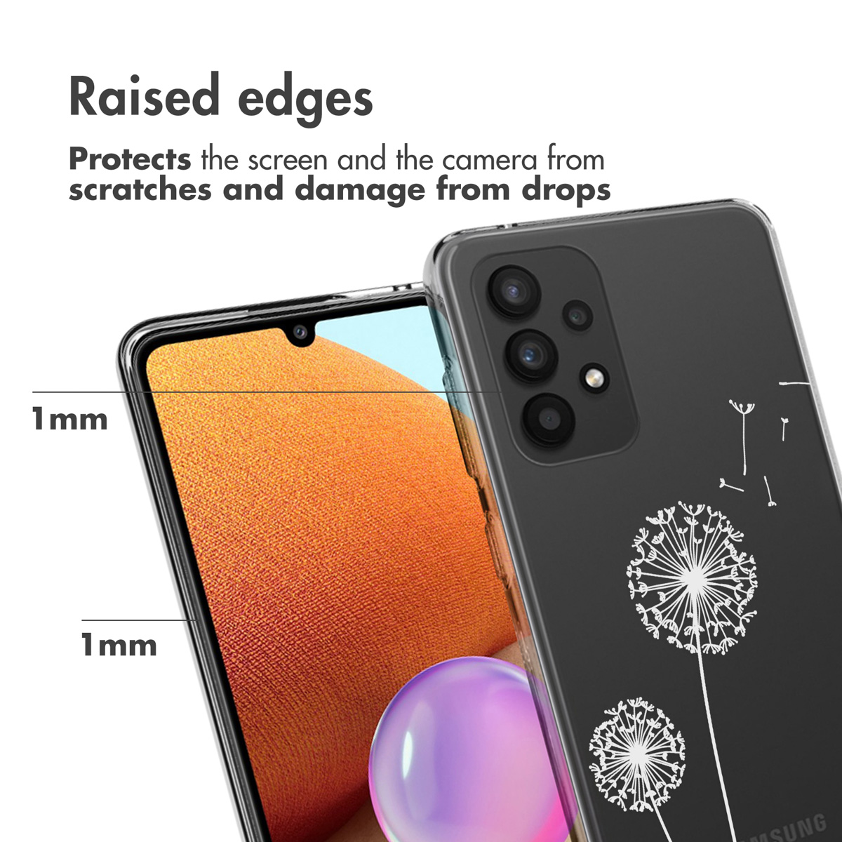 Coque de téléphone avec un dos noir avec des pissenlits. L'écran est orange.