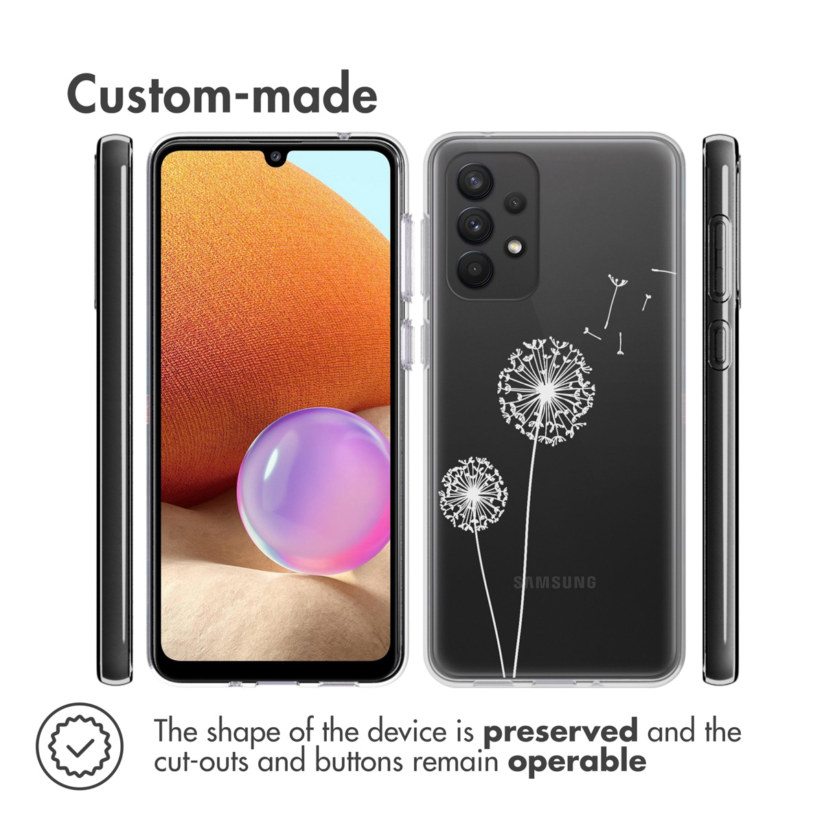 Coque de téléphone avec des pissenlits sur fond noir. L'écran affiche un dégradé orange et violet. Texte "Custom-made".