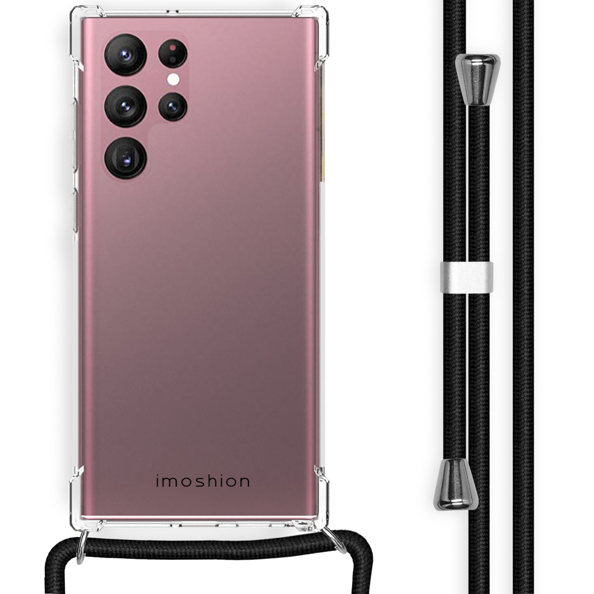 Coque transparente avec téléphone rose. Sangle noire avec accents argentés pour porter autour du cou.